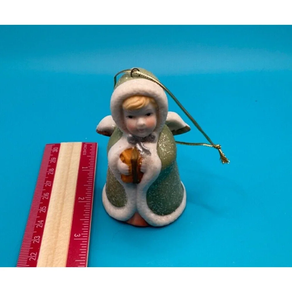 Vintage‎ Green & White Caroling Angel - Little Girl Figurine, Christmas Ornament